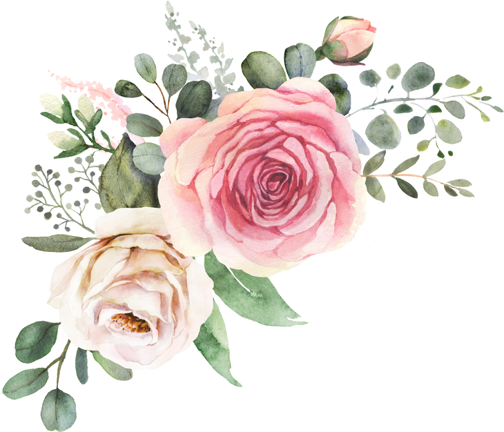 Watercolor Floral Bouquet Composition with Roses and Eucalyptus